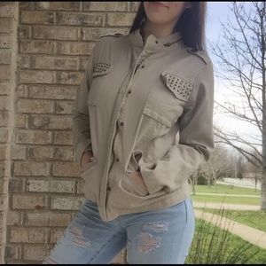 Studded Khaki Military Style Utility Jacket